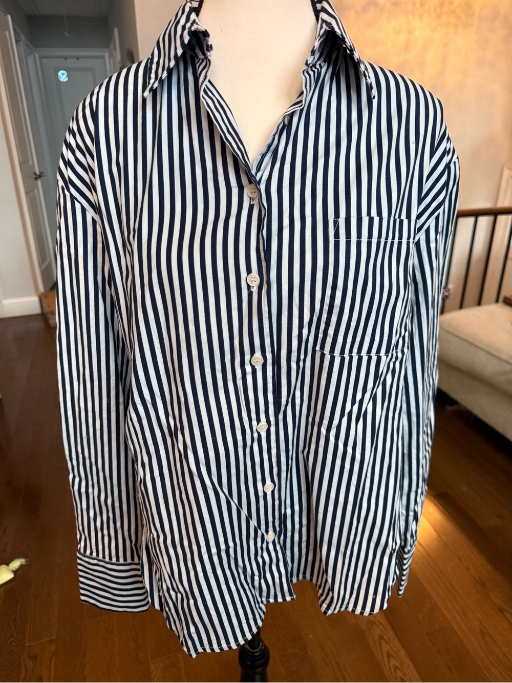 Reformation Navy Oversized Stripe Button-Down Shirt Organic Cotton Sz XS